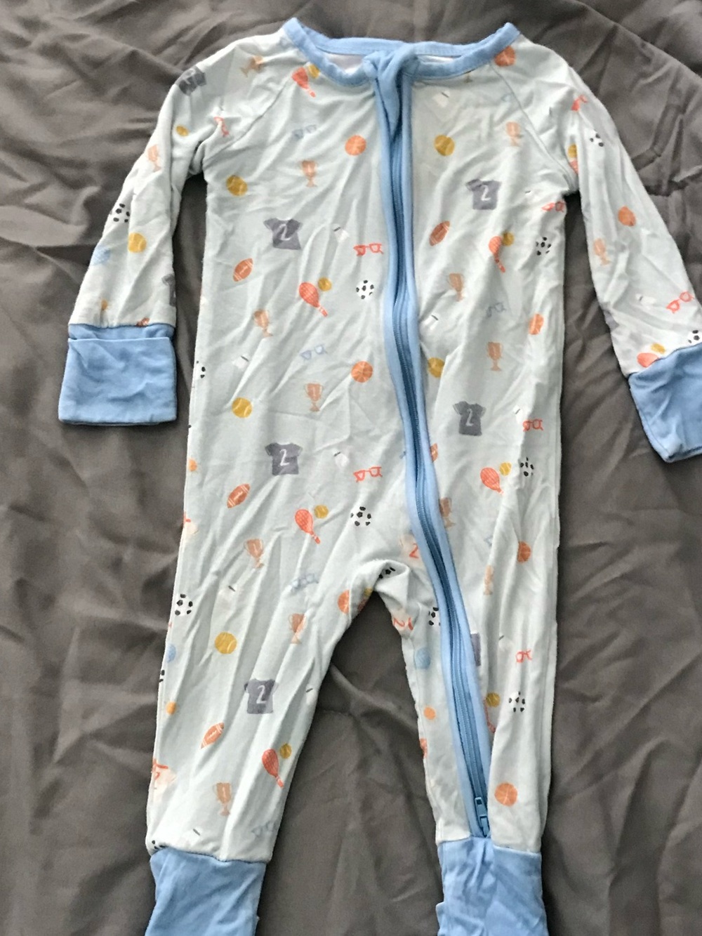 Light Blue Printed Kids Footed One-Piece Pajamas with Front Zip BAMBOO PJS
